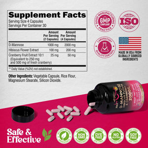 D-Mannose 2000mg with Cranberry & Hibiscus - Clinically Tested Strength for Urinary Tract Health - Supplement for Women - Bladder, Liver & Microflora Support - Made in USA - Vegan, 120 Capsules