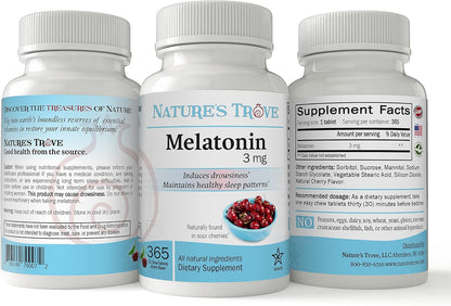 Nature's Trove Melatonin 3mg Chewable, 365 Chewable Melatonin Cherry Flavor Tablets