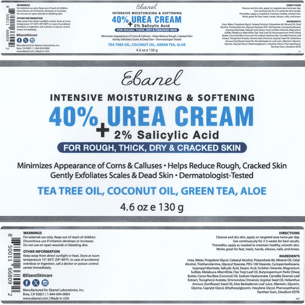 Ebanel Urea Cream 40% plus Salicylic Acid 2%, Foot Cream for Dry Cracked Heels Feet Knees Elbows Hands, Foot Dead Skin Cuticle Callus Remover Toenail Softener, Keratolytic Skin Barrier Repair, 2-Pack