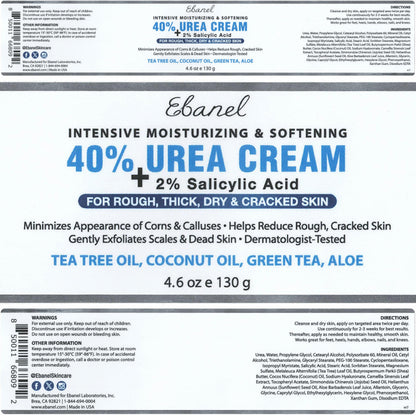 Ebanel Urea Cream 40% plus Salicylic Acid 2%, Foot Cream for Dry Cracked Heels Feet Knees Elbows Hands, Foot Dead Skin Cuticle Callus Remover Toenail Softener, Keratolytic Skin Barrier Repair, 2-Pack
