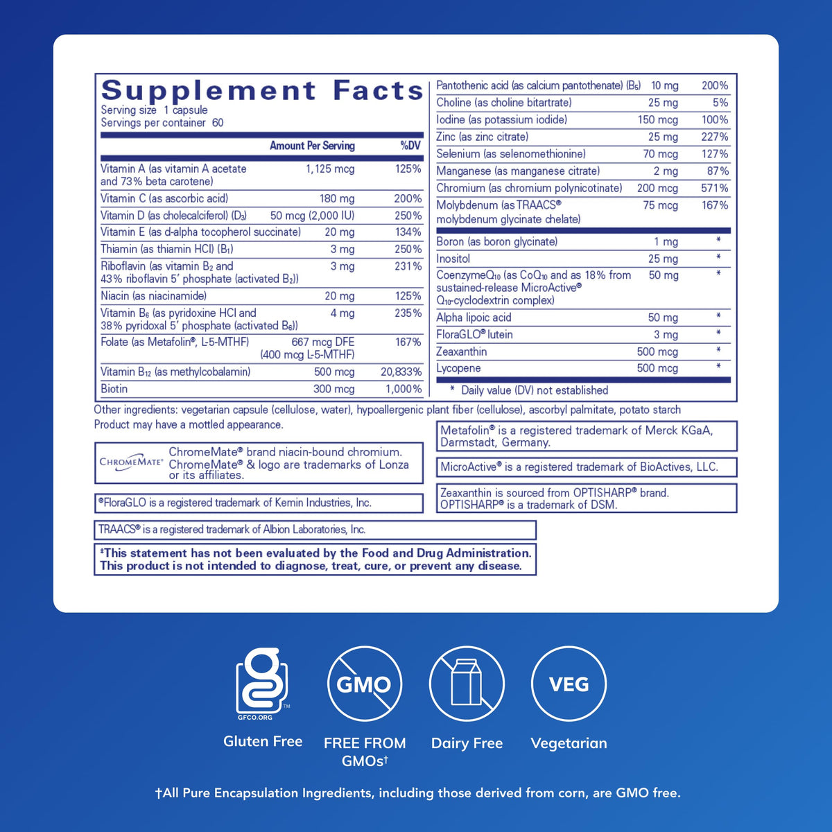 Pure Encapsulations O.N.E. Multivitamin - Once Daily Multivitamin with Antioxidant Complex Metafolin, CoQ10, and Lutein to Support Vision, Cognitive Function, and Cellular Health* - 60 Capsules Pure Encapsulations buy supplements Au