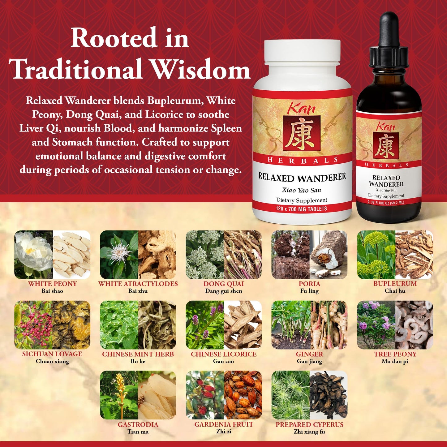 Kan Herbs Company Relaxed Wanderer – Traditional Chinese Herbal Formula to Support Mood, Digestion, and Menstrual Balance, Nourishes Blood, Eases Occasional Tension and Fatigue, 120 Tablets Kan HerbBuy Supplements Australia