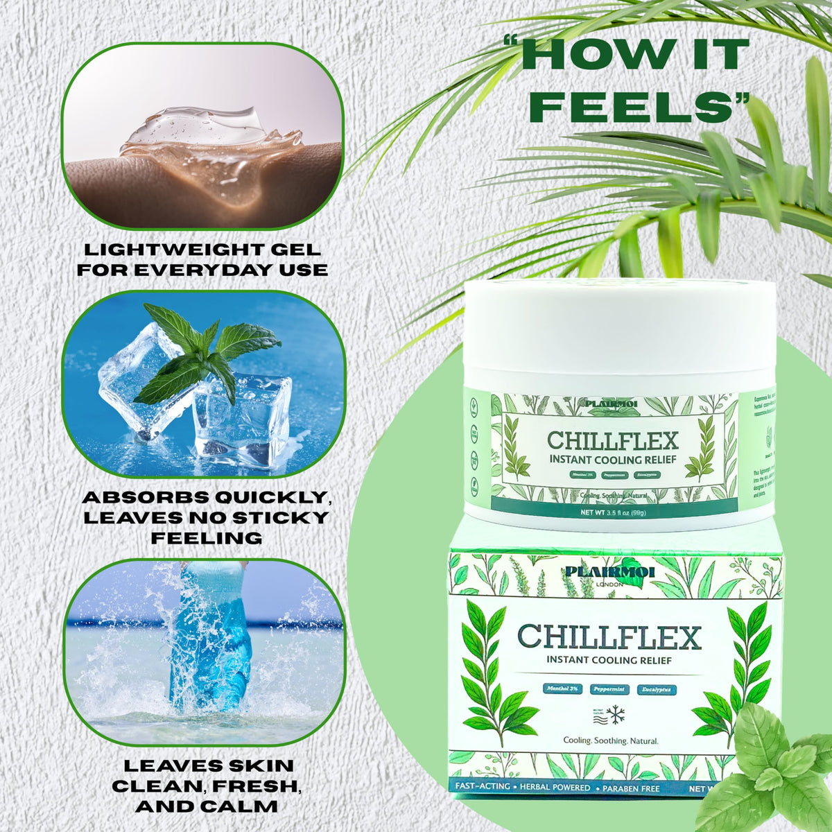 Supplement Product​PLAIRMOI CHILLFLEX Pain Relief Gel for Muscle Aches, Joint Pain, Discomfort & Inflammation – Fast Acting, Cooling, Non-Greasy with 3% Menthol & Eucalyptus – 3.5 oz, 1-Pack - GlowUpCaUSA