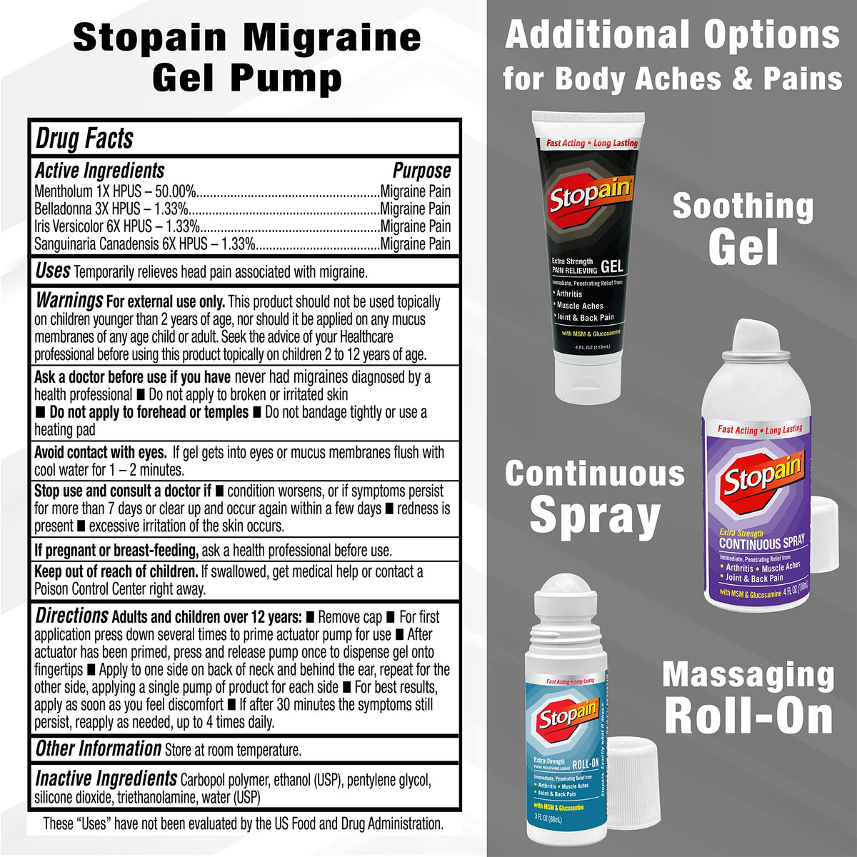 Stopain Migraine Pain Relief Gel Pump, 1.62oz (2 Pack), USA Made, Max Strength Fast Acting Research Proven Effective Topical, No Known Side Effects or Drug Interactions, HSA FSA Approved Products StopainBuy Supplements Australia