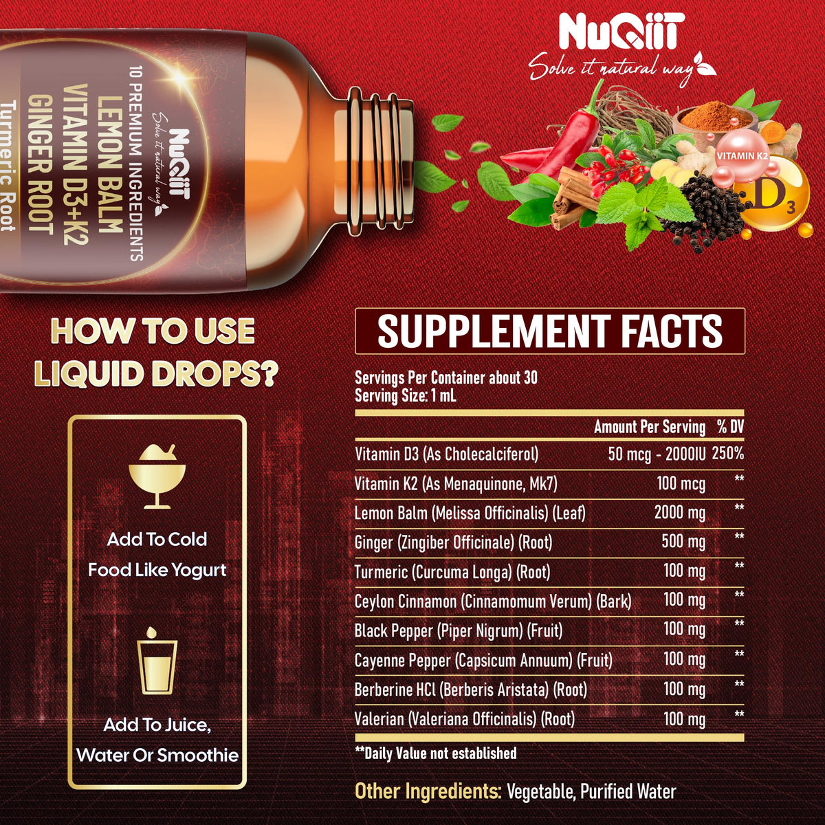 NUQIIT 10in1 Lemon Balm Tincture Blend Includes Vitamin D3, Vitamin K2, Lemon Balm, Ginger, Turmeric, Ceylon Cinnamon and More - 1 FL Oz - 60 Day Supply NUQIITBuy Supplements Australia