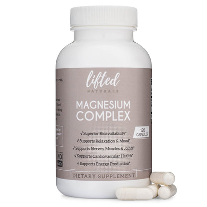 Supplement bottle labeled 'Magnesium Complex' by 'lifted naturals' on a white background