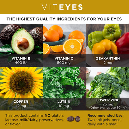 Viteyes AREDS 2 Classic Macular Health Formula Softgels, Eye Health Vitamin to Support Macular Health, Lower Zinc, Eye Vitamins, Macular Vitamins, Beta-Carotene Free, 180 Softgels ViteyesBuy Supplements Australia