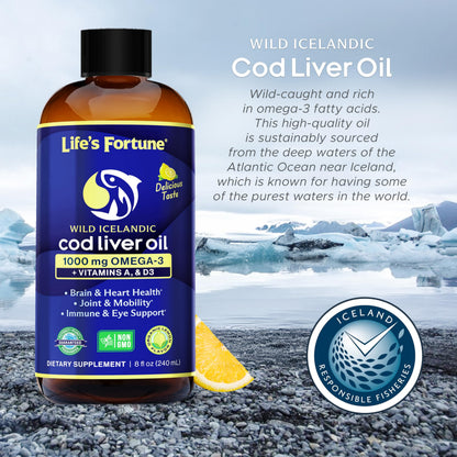 Life's Fortune Cod Liver Oil Liquid Lemon Flavor Organic Supplement with DHA, EPA 1000 mg High Potency Omega-3s + Vitamin A, E & D3 - Supports Immune, Joints, Eyes, 16 Fl Oz (Pack of 1)