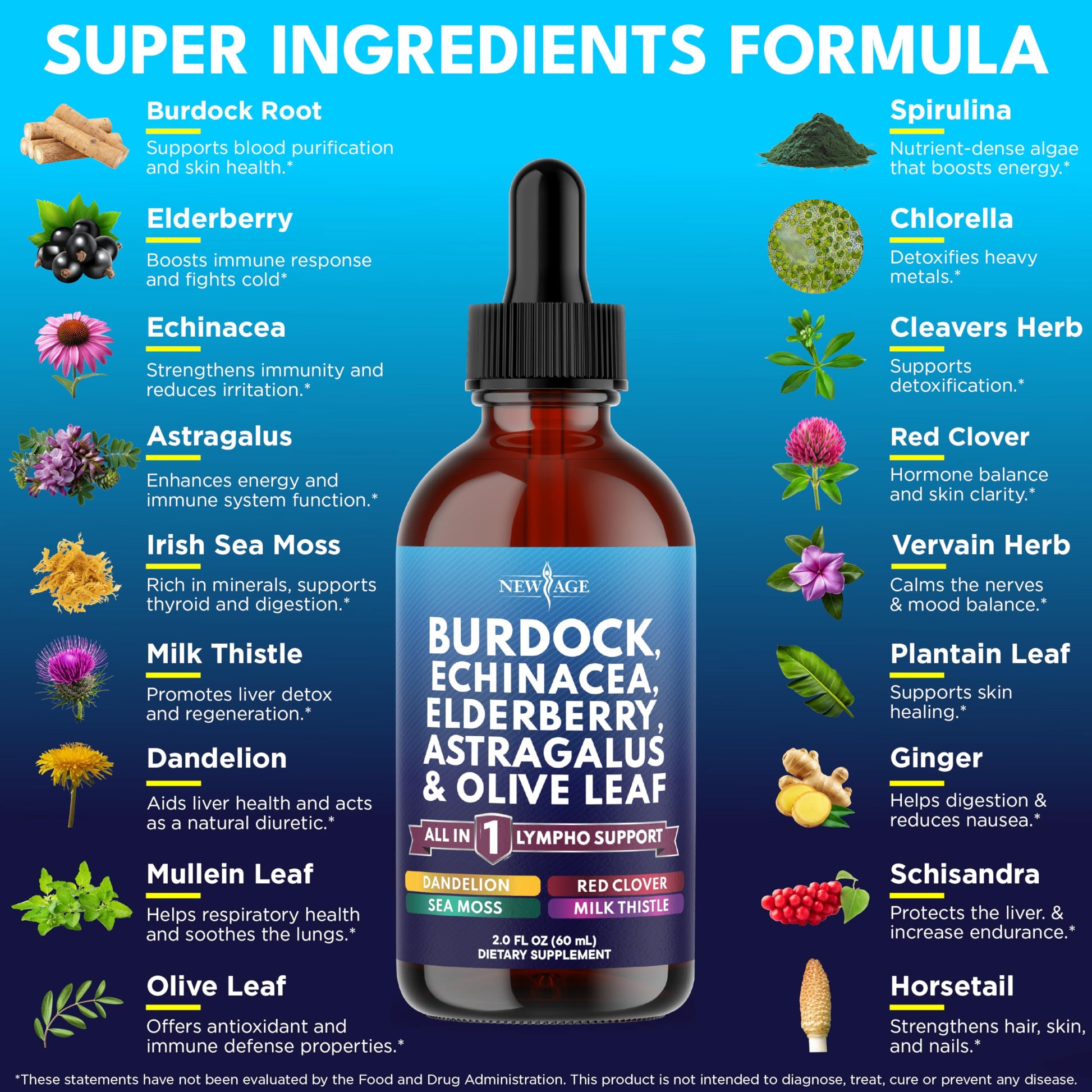 NEW AGE Lymphatic Drainage Supplement - Burdock Lymphatic Support Drops - Burdock Root, Mullein, Echinacea, Elderberry, Dandelion, Astragalus, Milk Thistle, Red Clover - 4 oz NEW AGE buy supplements Au