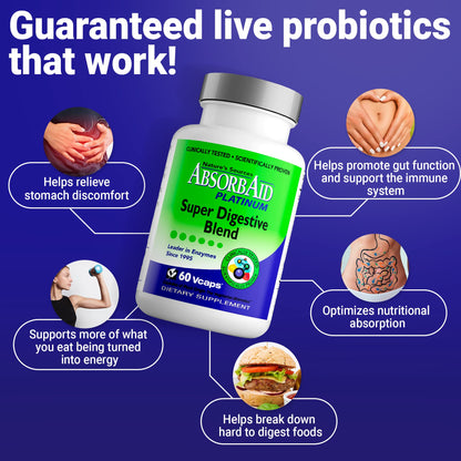 AbsorbAid Platinum Digestive Enzyme Support 60 vCaps, 12 Digestive Enzymes Plus 2 Probiotics for Maximum Relief - PrimeBioHealth - canada supplements