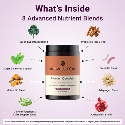 ActivatedYou Morning Complete Super Greens Powder Drink Mix - Gut Health Boost with Prebiotics, Probiotics, & Antioxidants - 10 Billion CFUs, Mixed Berry Flavor - PrimeBioHealth - canada supplements