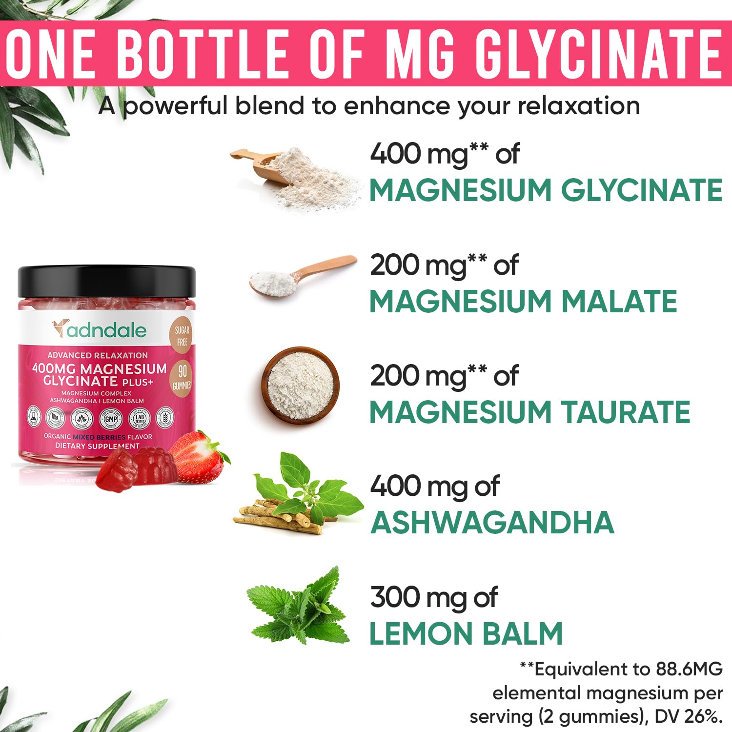 Adndale 180 CT Magnesium Glycinate Gummies 400 mg/Serv with Ashwagandha, Magnesium Malate & Taurate - PrimeBioHealth - canada supplements