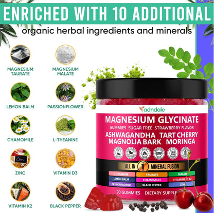 Adndale Magnesium Glycinate 400 mg Gummies with Ashwagandha, Magnesium Malate & Taurate, Tart Cherry, Magnolia Bark, Lemon Balm, Passionflower - PrimeBioHealth - canada supplements