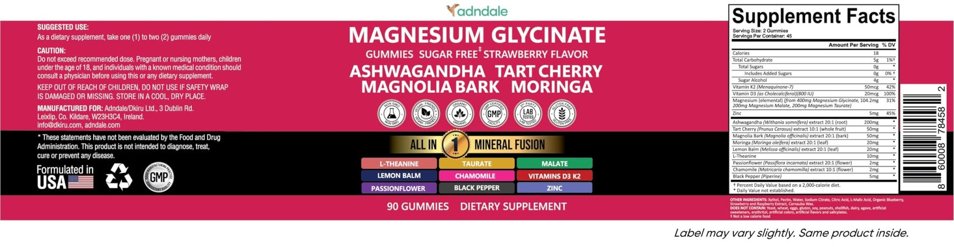 Adndale Magnesium Glycinate 400 mg Gummies with Ashwagandha, Magnesium Malate & Taurate, Tart Cherry, Magnolia Bark, Lemon Balm, Passionflower - PrimeBioHealth - canada supplements