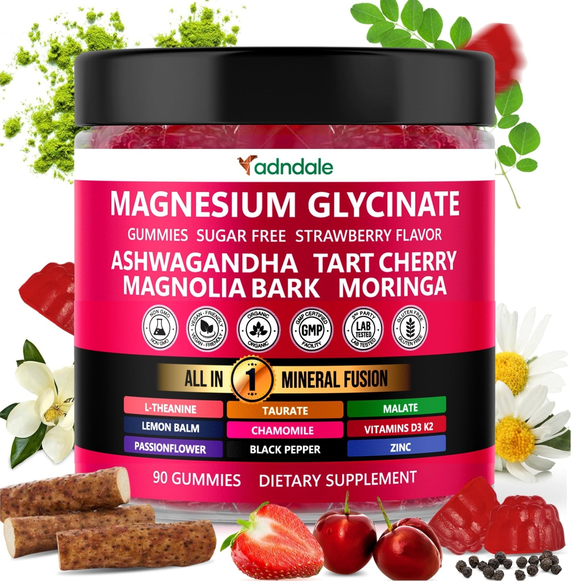 Adndale Magnesium Glycinate 400 mg Gummies with Ashwagandha, Magnesium Malate & Taurate, Tart Cherry, Magnolia Bark, Lemon Balm, Passionflower - PrimeBioHealth - canada supplements