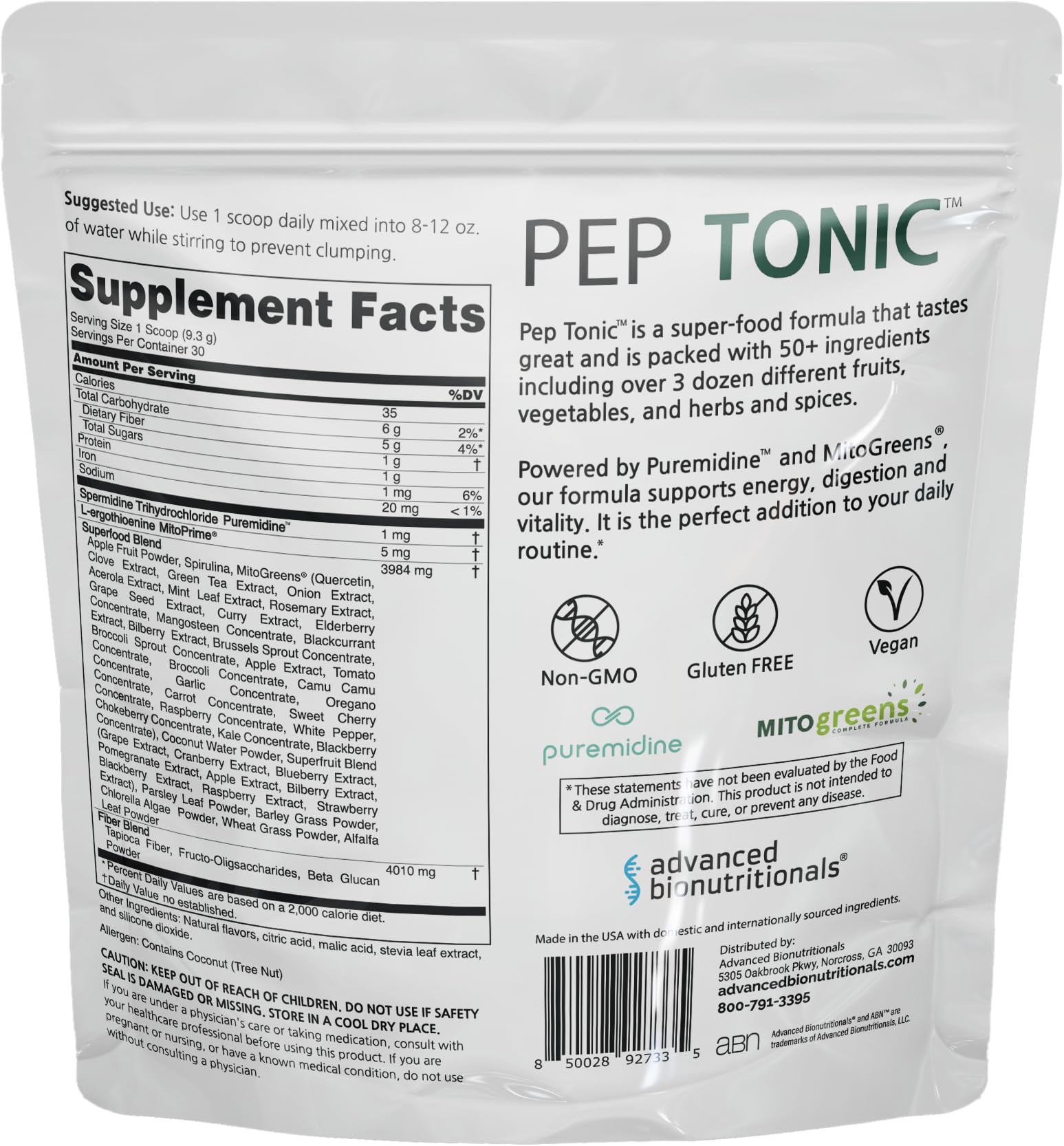 Advanced Bionutritionals Pep Tonic Powdered Superfood Formula 50 Fruits, Vegetables, Herbs, and Superfoods - Vegan, Vegetarian - 9.84 OZ - 279 g - PrimeBioHealth - canada supplements