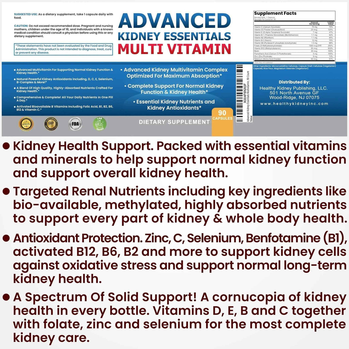 Advanced Kidney Essentials Multivitamin. Kidney Support Supplement for Complete Kidney Health. Kidney Health Supplement