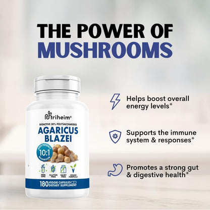 Agaricus Blazei Organic Mushroom Extract for Immune & Energy Support - 30% Polysaccharides & 180 Veggie Capsules - Non-GMO, Gluten-Free, Vegan-Friendly Supplement - PrimeBioHealth - canada supplements