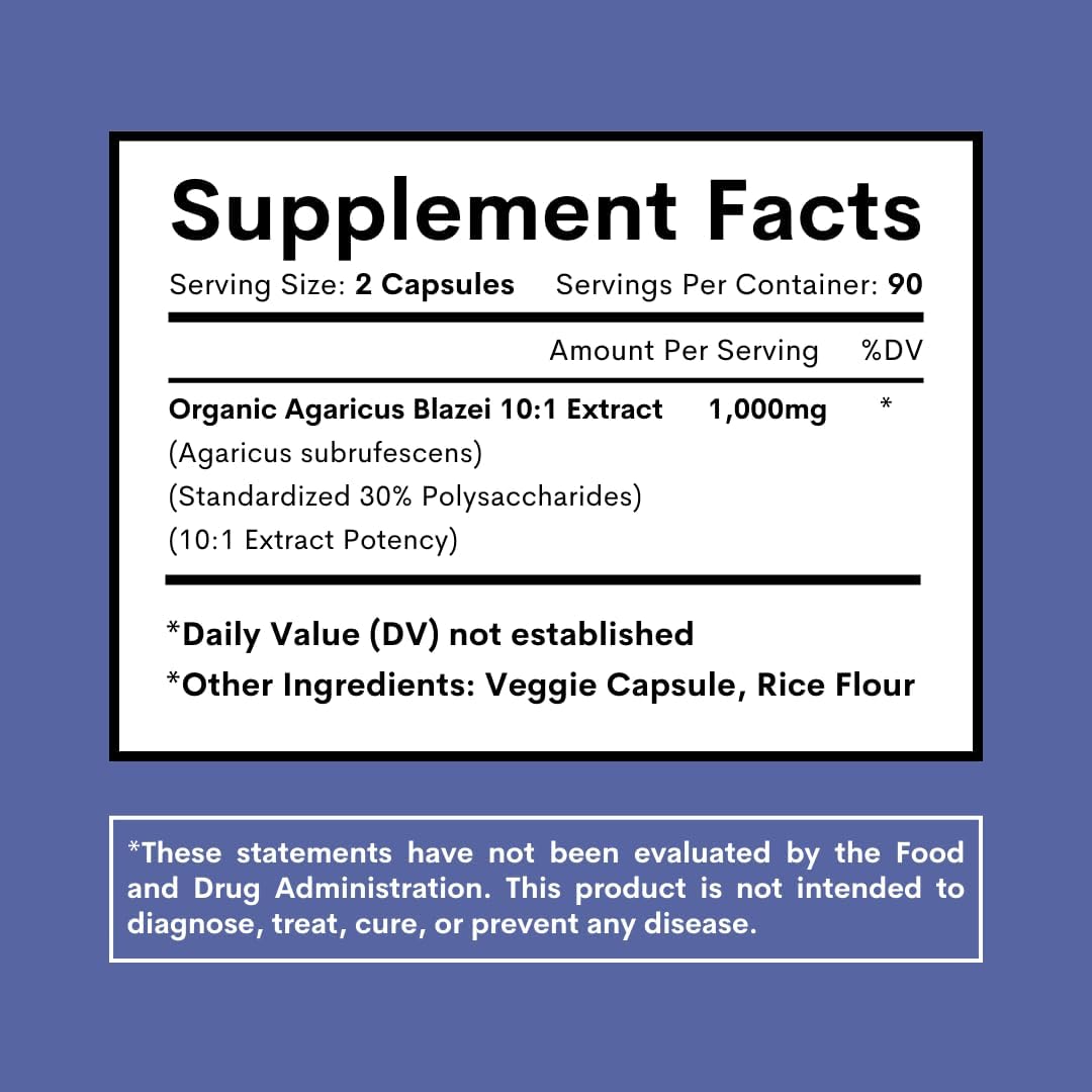 Agaricus Blazei Organic Mushroom Extract for Immune & Energy Support - 30% Polysaccharides & 180 Veggie Capsules - Non-GMO, Gluten-Free, Vegan-Friendly Supplement - PrimeBioHealth - canada supplements