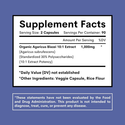 Agaricus Blazei Organic Mushroom Extract for Immune & Energy Support - 30% Polysaccharides & 180 Veggie Capsules - Non-GMO, Gluten-Free, Vegan-Friendly Supplement - PrimeBioHealth - canada supplements