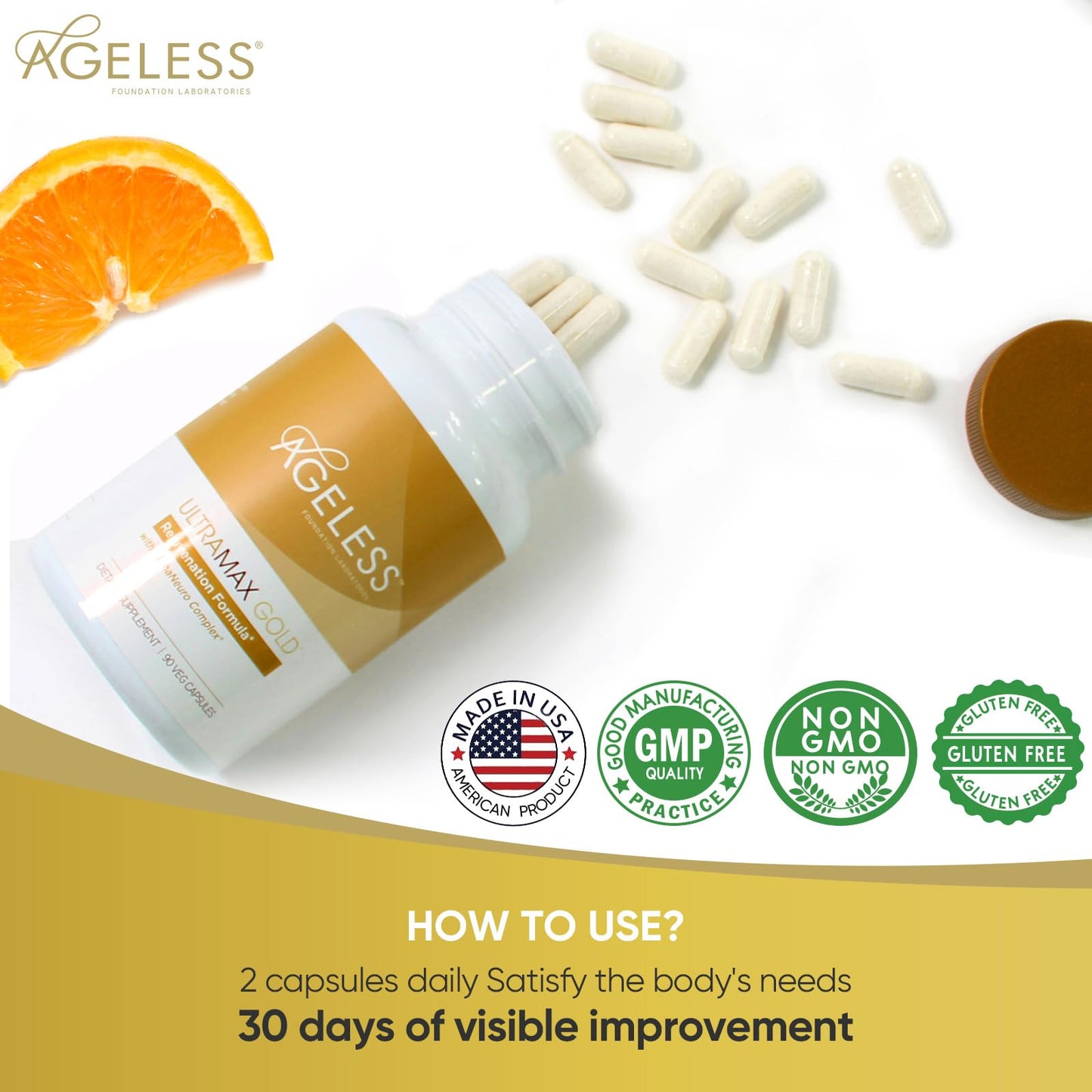 AGELESS™: UltraMAX Gold™ Capsules, HGH Anti-Aging Supplement for Women, Slows Cellular Aging, Supports Immune Health, Smoother Skin Tone and Restorative Sleep, Weight Management, 90 Capsules | Healthy Aging Support, Cellular Energy, Longevity Support, Dai - PrimeBioHealth - canada supplements