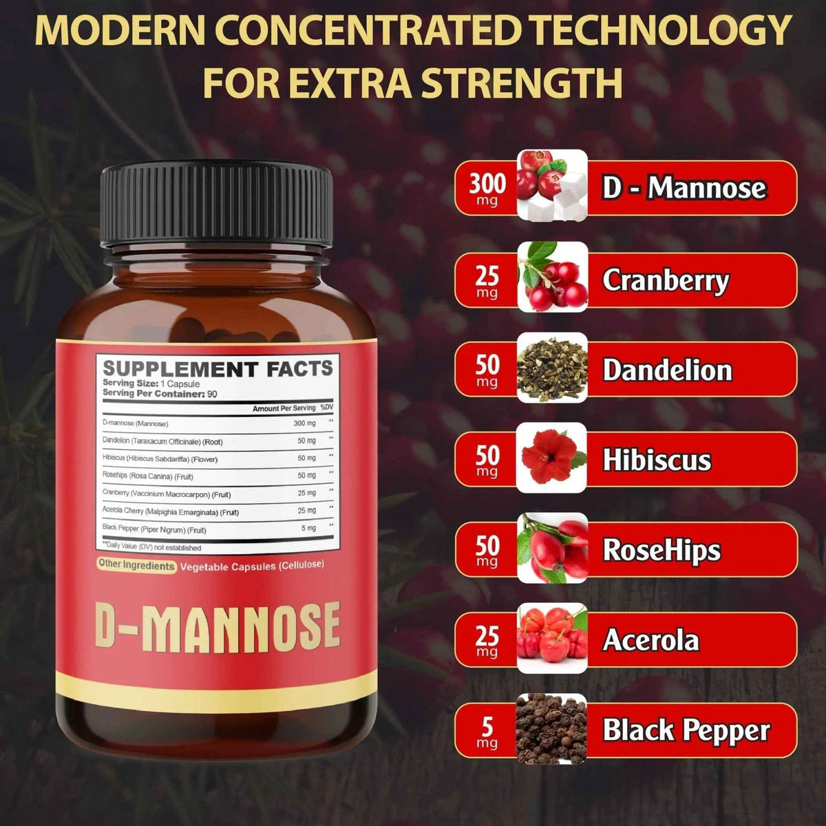agobi D-Mannose Capsules - 7 Herbs with Cranberry, Dandelion, Hibiscus and More - Support Flush Impurities and Urinary Tract Health - 90 Vegan Capsules 3-Month Supply