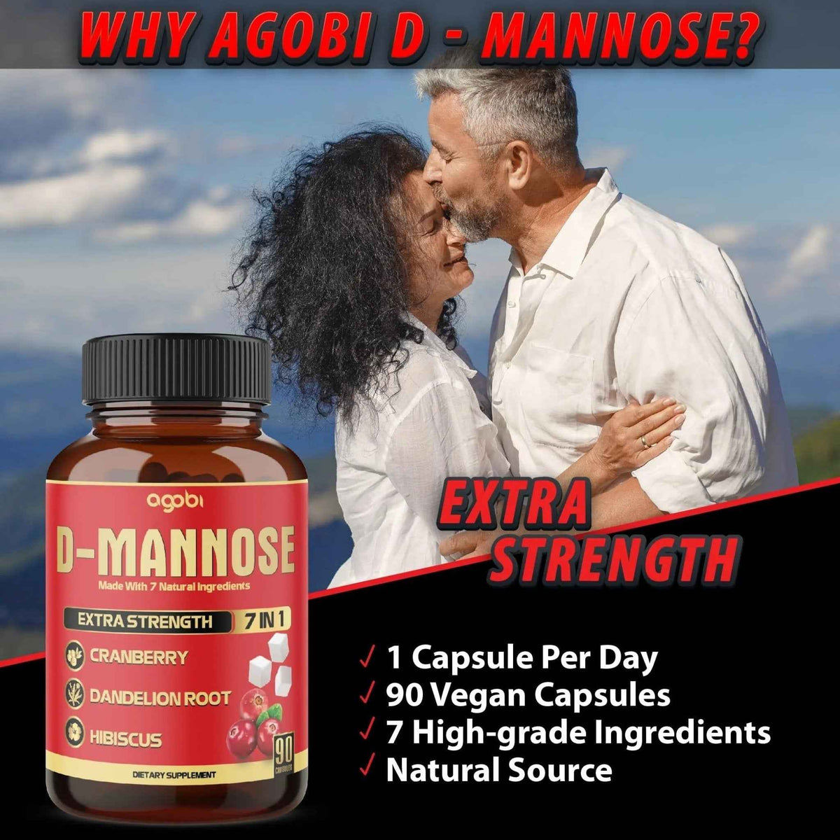 agobi D-Mannose Capsules - 7 Herbs with Cranberry, Dandelion, Hibiscus and More - Support Flush Impurities and Urinary Tract Health - 90 Vegan Capsules 3-Month Supply