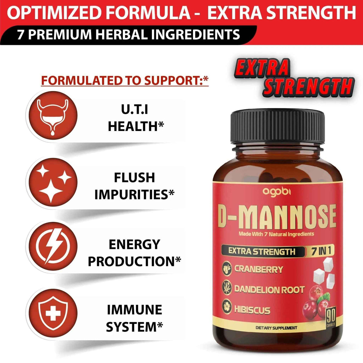 agobi D-Mannose Capsules - 7 Herbs with Cranberry, Dandelion, Hibiscus and More - Support Flush Impurities and Urinary Tract Health - 90 Vegan Capsules 3-Month Supply