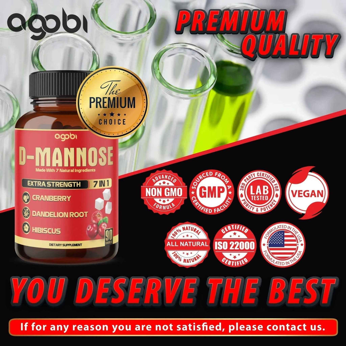 agobi D-Mannose Capsules - 7 Herbs with Cranberry, Dandelion, Hibiscus and More - Support Flush Impurities and Urinary Tract Health - 90 Vegan Capsules 3-Month Supply