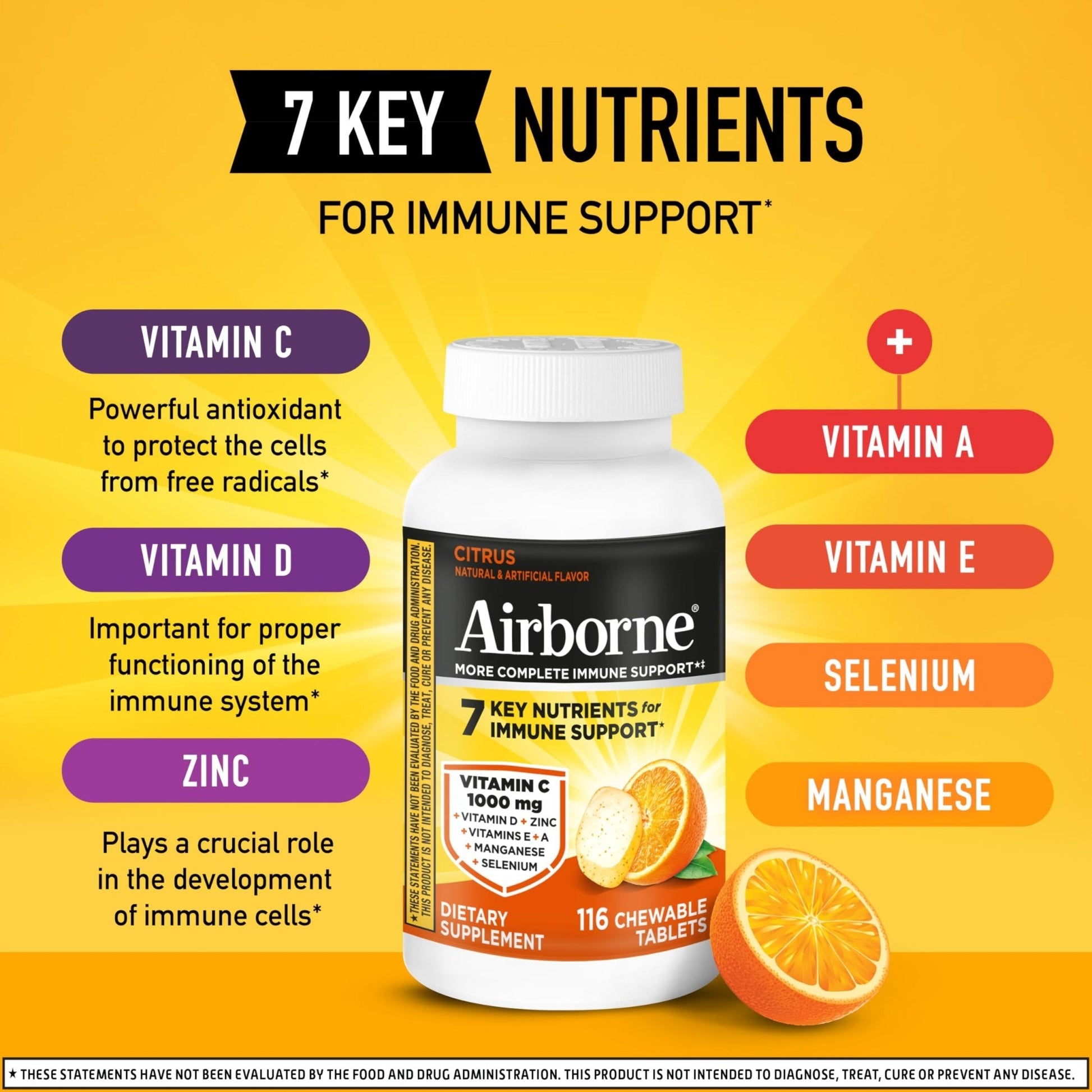 Airborne Vitamin C 1000mg (per Serving) - Citrus Chewable Tablets (116 Count in a Bottle), Gluten-Free Immune Support Supplement, with Vitamins A C E, Zinc, Selenium - PrimeBioHealth - canada supplements
