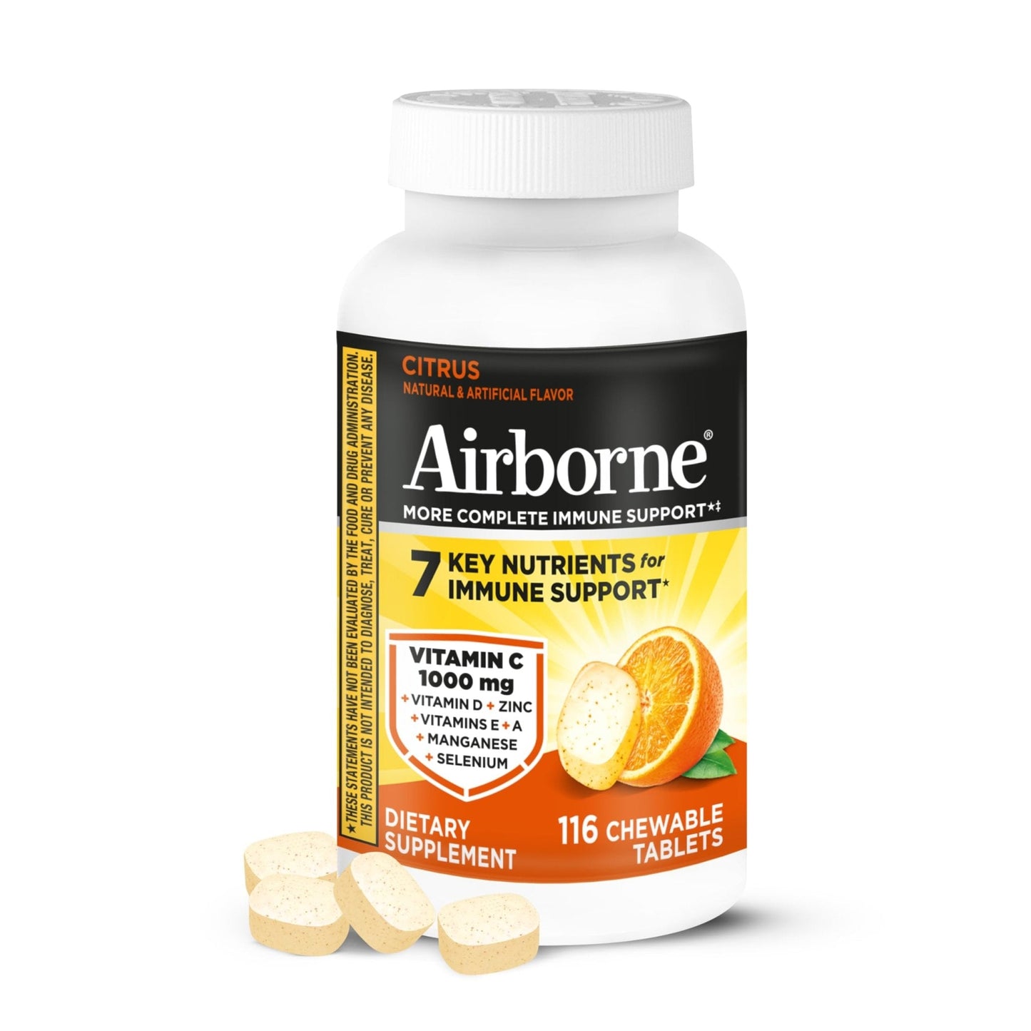 Airborne Vitamin C 1000mg (per Serving) - Citrus Chewable Tablets (116 Count in a Bottle), Gluten-Free Immune Support Supplement, with Vitamins A C E, Zinc, Selenium - PrimeBioHealth - canada supplements