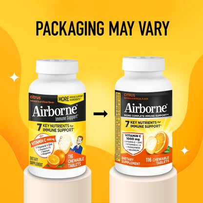 Airborne Vitamin C 1000mg (per Serving) - Citrus Chewable Tablets (116 Count in a Bottle), Gluten-Free Immune Support Supplement, with Vitamins A C E, Zinc, Selenium - PrimeBioHealth - canada supplements