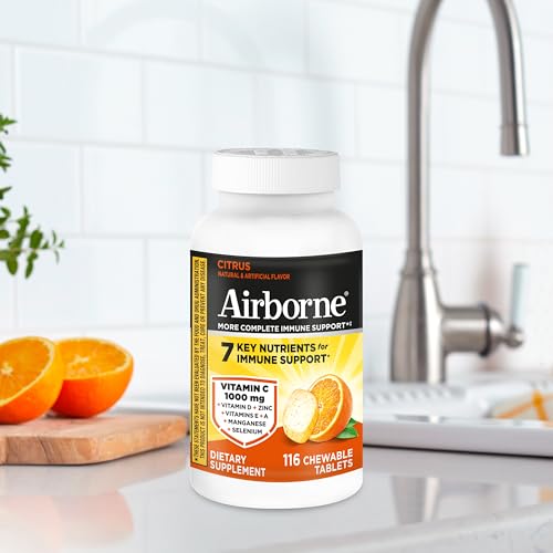 Airborne Vitamin C 1000mg (per Serving) - Citrus Chewable Tablets (116 Count in a Bottle), Gluten-Free Immune Support Supplement, with Vitamins A C E, Zinc, Selenium - PrimeBioHealth - canada supplements