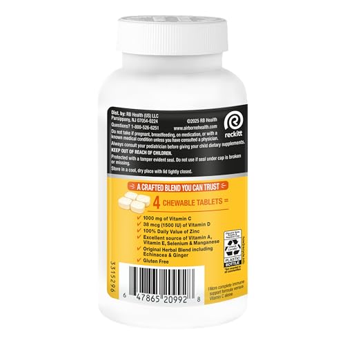 Airborne Vitamin C 1000mg (per Serving) - Citrus Chewable Tablets (116 Count in a Bottle), Gluten-Free Immune Support Supplement, with Vitamins A C E, Zinc, Selenium - PrimeBioHealth - canada supplements
