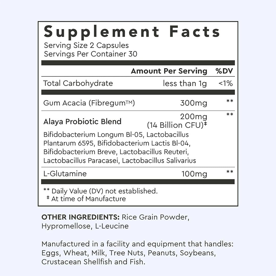 Alaya Naturals Advanced Synbiotic - Probiotic + Prebiotic - 14 Billion CFU Delayed Release Probiotic Supplement with Prebiotics from Sunfiber®, and L-glutamine for Gut Lining Integrity - 60 Capsules - PrimeBioHealth - canada supplements