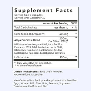 Alaya Naturals Advanced Synbiotic - Probiotic + Prebiotic - 14 Billion CFU Delayed Release Probiotic Supplement with Prebiotics from Sunfiber®, and L-glutamine for Gut Lining Integrity - 60 Capsules - PrimeBioHealth - canada supplements