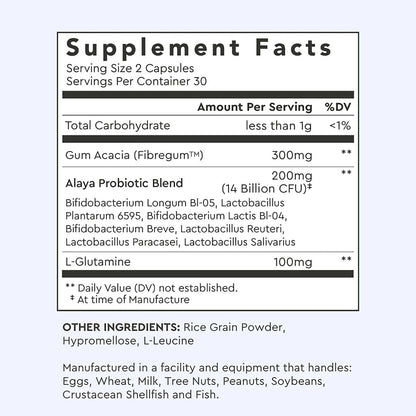 Alaya Naturals Advanced Synbiotic - Probiotic + Prebiotic - 14 Billion CFU Delayed Release Probiotic Supplement with Prebiotics from Sunfiber®, and L-glutamine for Gut Lining Integrity - 60 Capsules - PrimeBioHealth - canada supplements