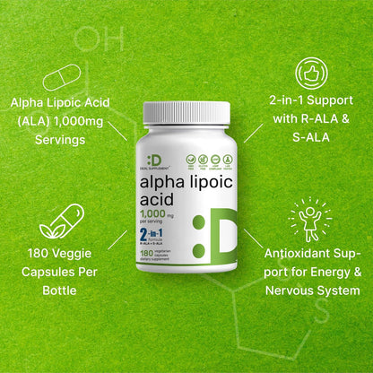Alpha Lipoic Acid 1,000mg, 180 Veggie Capsules – 50/50 R-ALA & S-ALA for Max Bioavailability – Antioxidant Supplement – Energy & Nervous System Support – Non-GMO - PrimeBioHealth - canada supplements