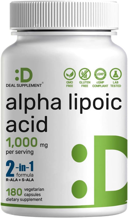 Alpha Lipoic Acid 1,000mg, 180 Veggie Capsules – 50/50 R-ALA & S-ALA for Max Bioavailability – Antioxidant Supplement – Energy & Nervous System Support – Non-GMO - PrimeBioHealth - canada supplements