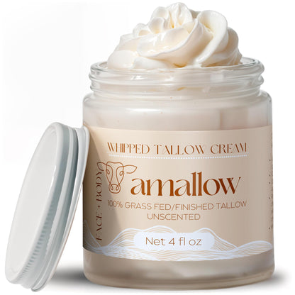 Amallow 100% Grass Fed Beef Tallow for Skin Care - Face + Body - Whipped Moisturizer for Sensitive Skin - Natural Lotion, 4 FL. oz. (Unscented) - PrimeBioHealth - canada supplements