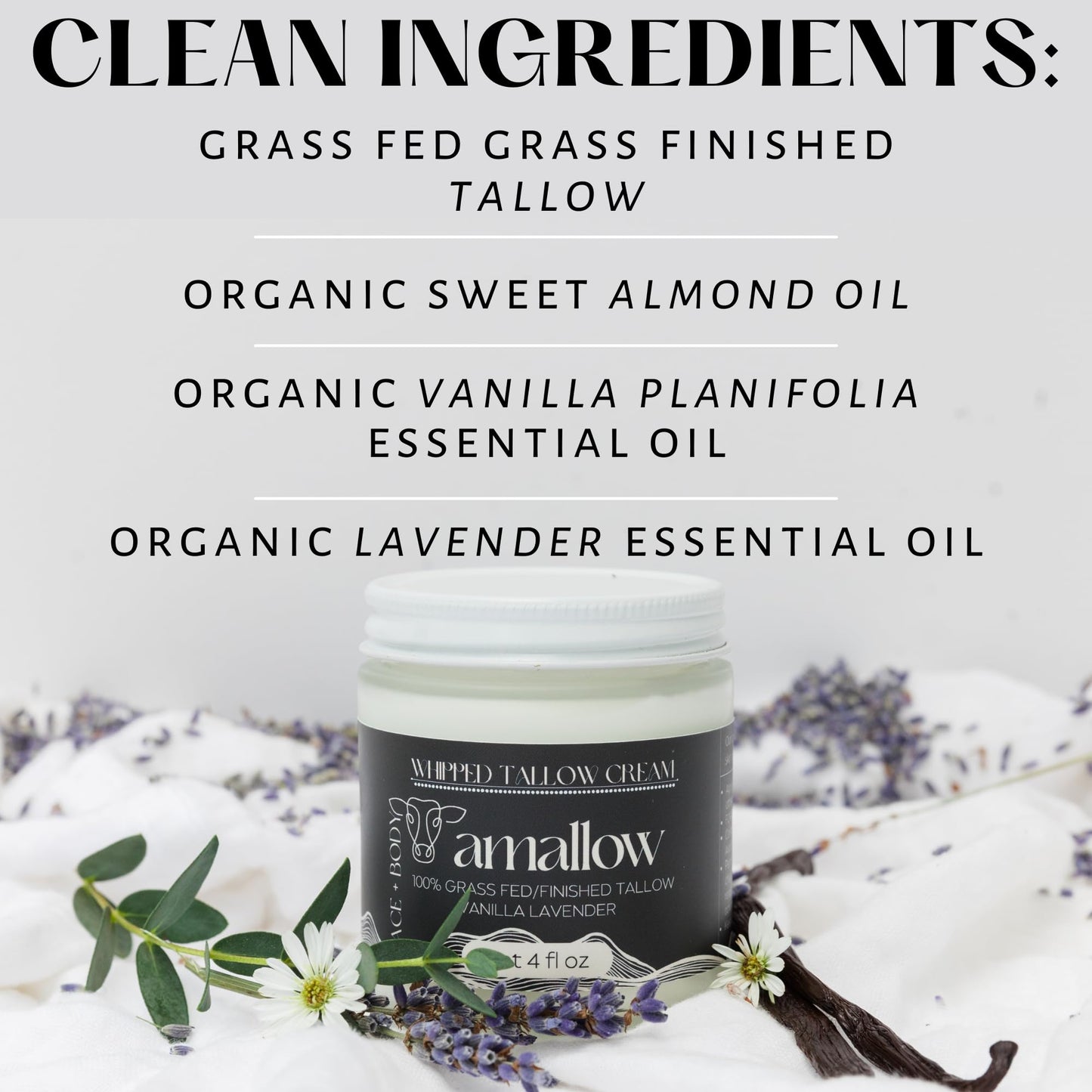 Amallow 100% Grass Fed Beef Tallow for Skin Care - Face + Body - Whipped Moisturizer - Natural Lotion, 4 FL. oz. (Vanilla Lavender) - PrimeBioHealth - canada supplements