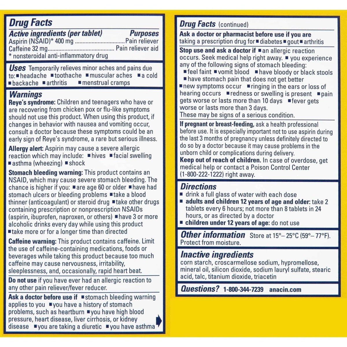Anacin Aspirin & Caffeine Fast Pain Relief, Eases Minor Aches and Pains Due to Headache, Muscle Aches & Arthritis, 300 Count