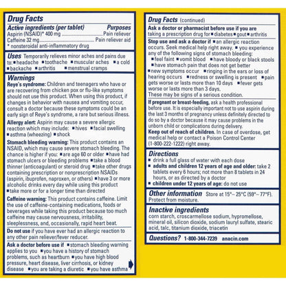 Anacin Aspirin & Caffeine Fast Pain Relief, Eases Minor Aches and Pains Due to Headache, Muscle Aches & Arthritis, 300 Count