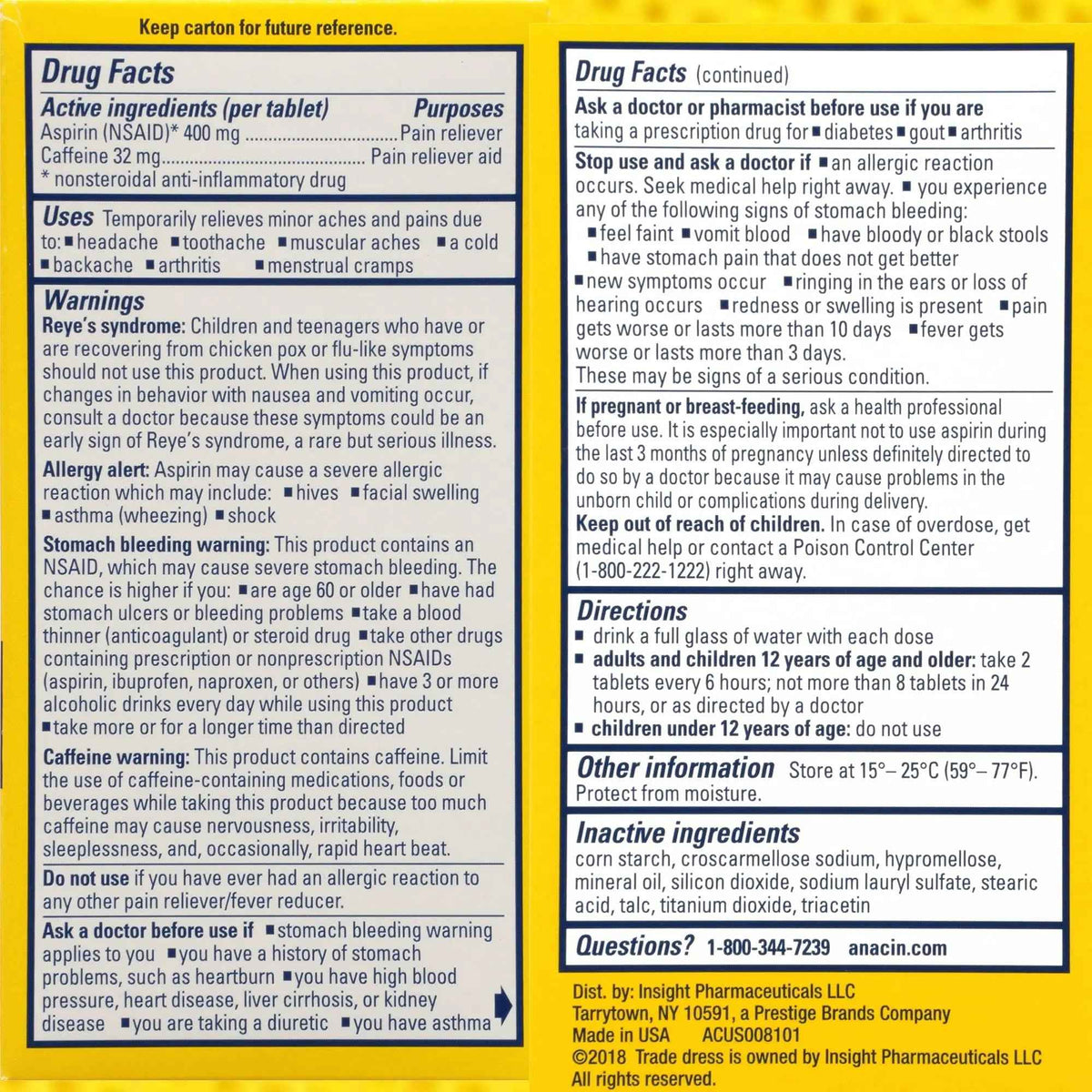 Anacin Aspirin & Caffeine Fast Pain Relief, Eases Minor Aches and Pains Due to Headache, Muscle Aches & Arthritis, 300 Count