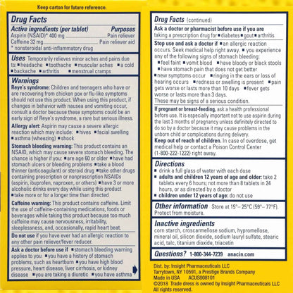 Anacin Aspirin & Caffeine Fast Pain Relief, Eases Minor Aches and Pains Due to Headache, Muscle Aches & Arthritis, 300 Count