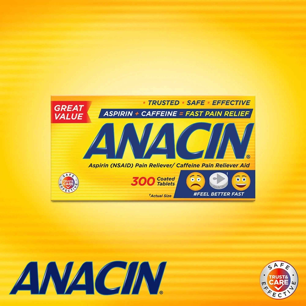 Anacin Aspirin & Caffeine Fast Pain Relief, Eases Minor Aches and Pains Due to Headache, Muscle Aches & Arthritis, 300 Count
