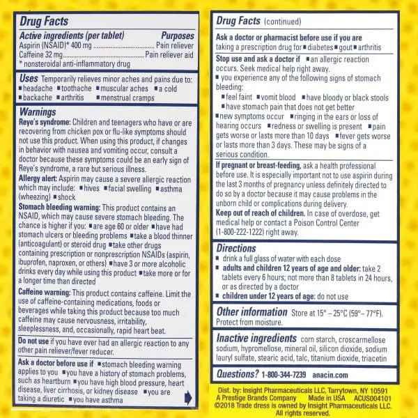 Anacin Fast Pain Relief Pain Reducer Aspirin Tablets, 200 Tabs (Value Pack of 2)