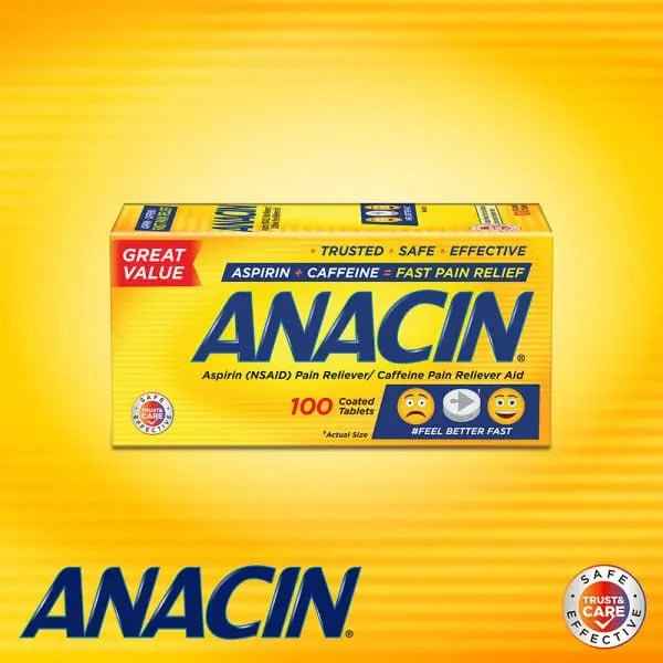 Anacin Fast Pain Relief Pain Reducer Aspirin Tablets, 200 Tabs (Value Pack of 2)