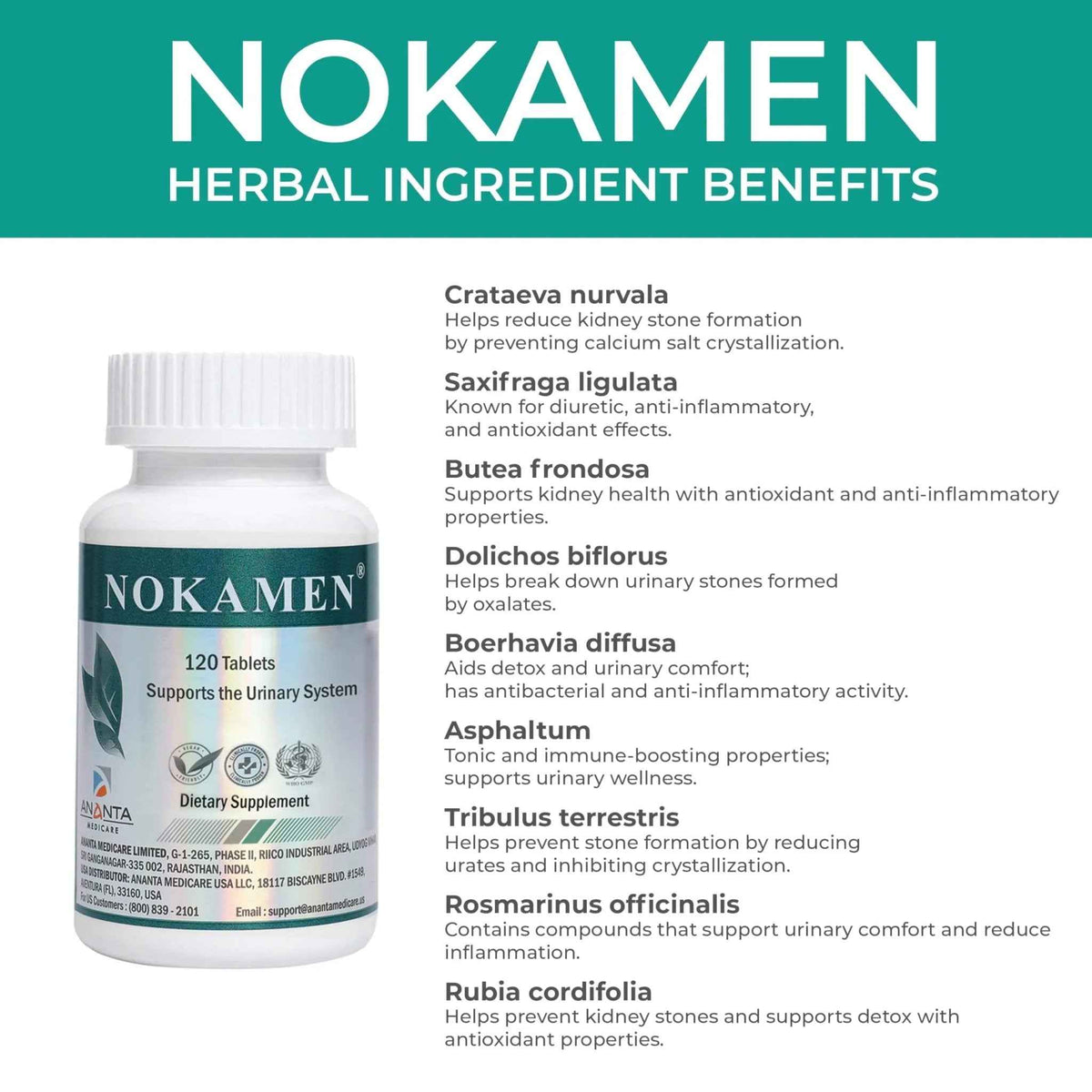 Ananta Medicare USA NOKAMEN – Kidney & Urinary Tract Support Herbal Formula, 120 Tabs