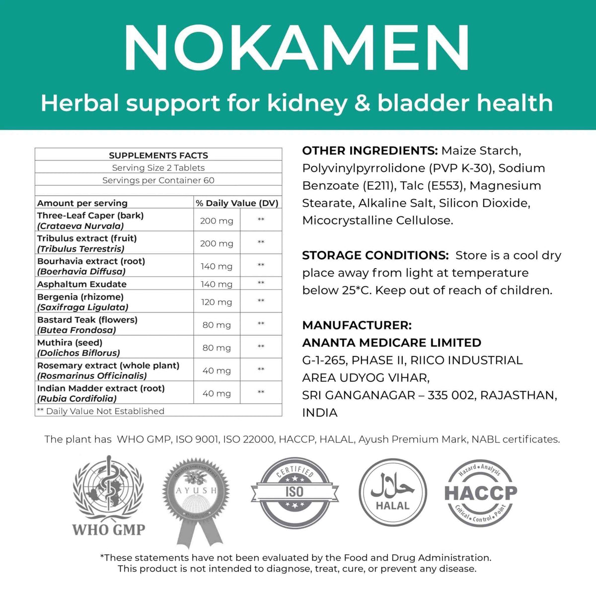 Ananta Medicare USA NOKAMEN – Kidney & Urinary Tract Support Herbal Formula, 120 Tabs